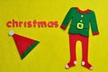 An elfÃ¢â¬â¢s hat, jacket and pants displayed with the word christmas Royalty Free Stock Photo